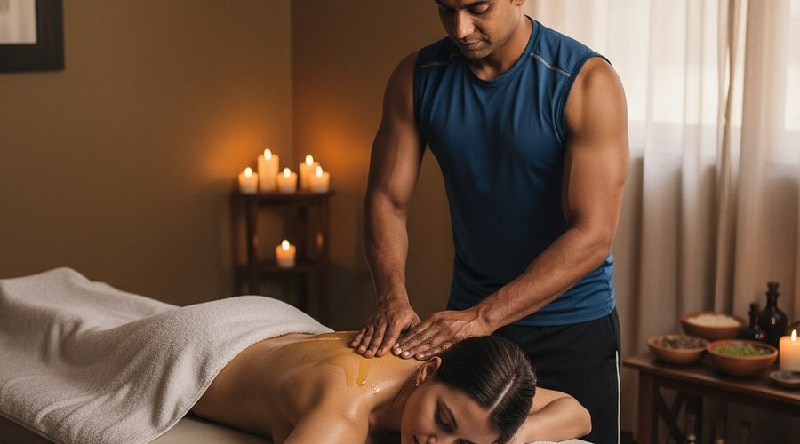 Therapist providing a relaxing massage treatment in a calm spa setting
